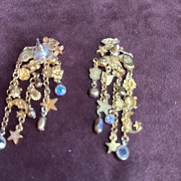 Kirks Folly Long Gold Charm earrings W/Aurora Borealis Crystal moon & star - Picture 6 of 9